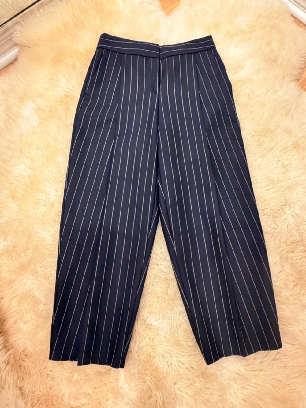 Giorgio Armani Pinstripe Virgin Wool Wide Leg Trousers Navy IT 40 NWOT
